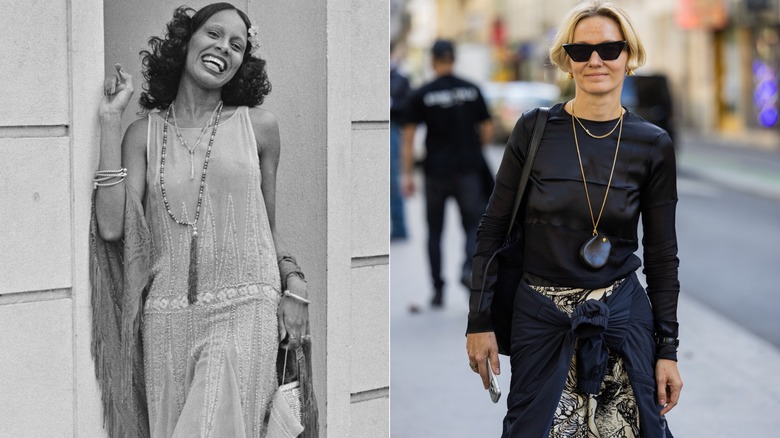 En kvinna på 1920-talet som bär ett långt halsband och klänning i flappstil till vänster, och en kvinna 2026 som bär ett långt halsband med tofs med en svart topp till höger.