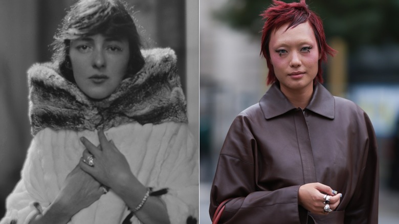 En kvinna på 1920-talet som bar en statementring med en pälsjacka med hög krage till vänster och en kvinna 2026 som bar många statementringar med en brun jacka till höger.