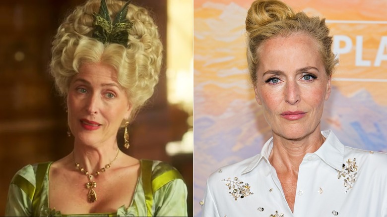 Foton sida vid sida av Gillian Anderson i karaktär på The Great (vänster) och som sig själv på röda mattan (höger)