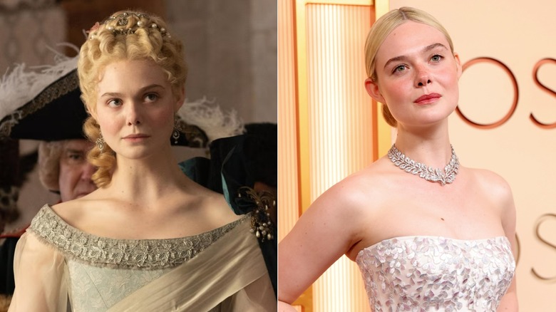 Foton sida vid sida av Elle Fanning i karaktär på The Great (vänster) och som sig själv på röda mattan (höger)