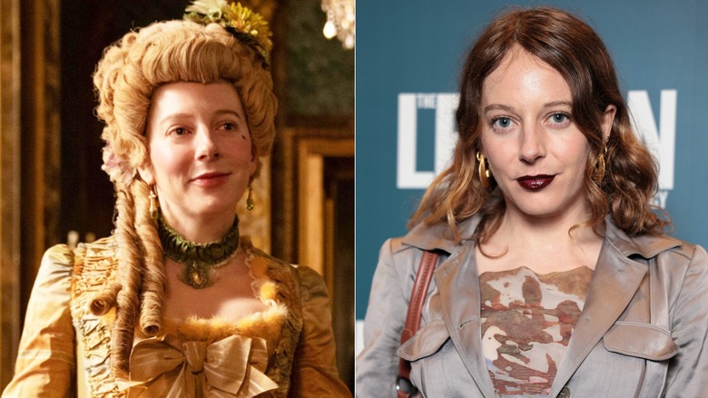 Foton sida vid sida av Florence Keith-Roach i karaktär på The Great (vänster) och som sig själv på röda mattan (höger)