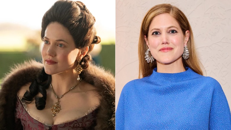 Foton sida vid sida av Charity Wakefield i karaktär på The Great (vänster) och som sig själv på röda mattan (höger)