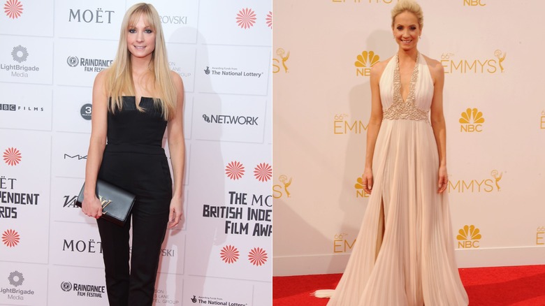 (L) Joanne Froggatt klädd i en svart jumpsuit vid Moët British Independent Film Awards 2013; (R) Joanne Froggatt klädd i en vit grimklänning vid 2014 års Emmy Awards