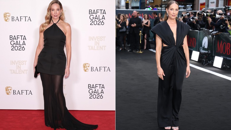 (L) Joanne Froggatt klädd i en svart klänning på en BAFTA-gala 2026; (R) Joanne Froggatt bär en svart klänning på 