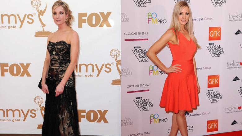 (L) Joanne Froggatt bär en spetsklänning vid 2011 års Emmy Awards; (R) Joanne Froggatt bär en orange klänning vid WGSN Global Fashion Award 2012