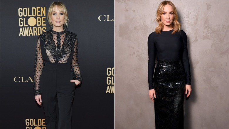 (L) Joanne Froggatt klädd i helsvart på en Golden Globe-ambassadörsfest 2019; (R) Joanne Froggatt klädd i helsvart till ett fotosamtal 2020 för 