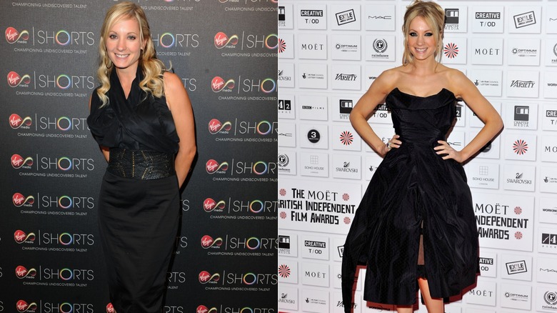 (L) Joanne Froggatt klädd i en svart klänning till 2009 års Virgin Media Shorts Awards; (R) Joanne Froggatt klädd i en svart klänning till Moët British Independent Film Awards 2010