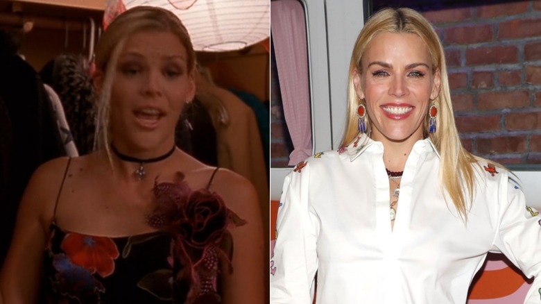 Till vänster bar skådespelaren Busy Philipps sitt blonda hår i en elegant updo med en sidodel och en lös hårstrå framtill, tillsammans med ett svart choker-halsband och en svart blommig klänning under ett avsnitt av Dawson's Creek. Till höger bar skådespelaren Busy Philips sitt blonda hår rakt ner med en mittdel och en djärv röd läpp tillsammans med stora röda och blå örhängen och en skjorta med vit krage och flera halsband under när hon deltog i en fest i New York City 2025.