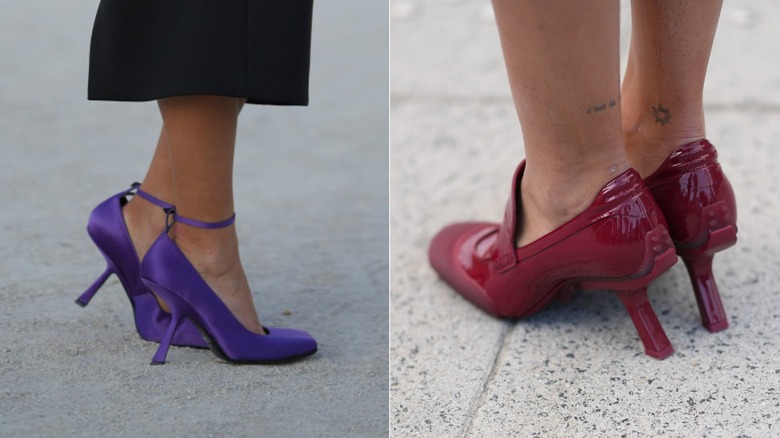 Beca Michie bär ett par lila satinpumps med ankelrem och en inverterad häl under Paris Fashion Week i oktober 2026 / Dolma Lisa Dorjee bär ett par röda lack loafers med inverterade klackar under Paris Fashion Week i oktober 2026