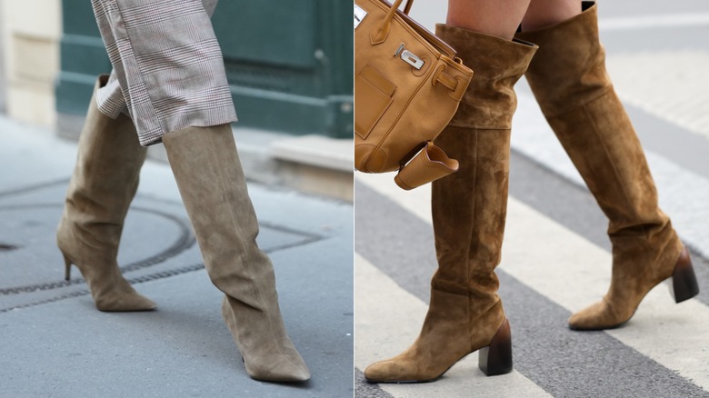 En gäst bär rutiga bermudashorts och knähöga beige mocka stövlar med spetsiga tå under Paris Fashion Week i oktober 2026 / A guest wears thigh-high tan mockaboots with a block heel under Paris Fashion Week i oktober 2026