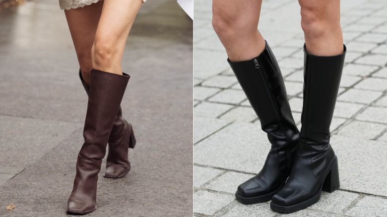 En gäst bär knähöga bruna läderstövlar med fyrkantiga tår under Paris Fashion Week i september 2026 / En gäst bär ett par svarta knähöga svarta läderstövlar i Paris i oktober 2026