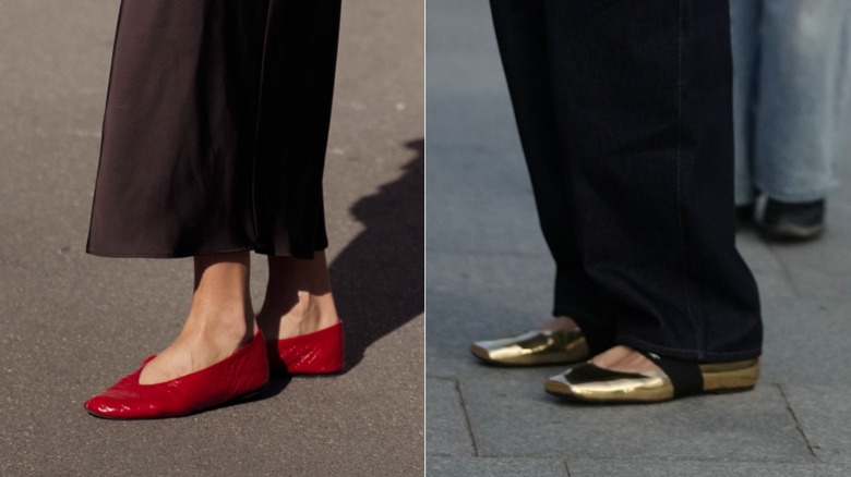 En gäst bär en maxikjol och röda balettkläder under Paris Fashion Week i oktober 2026 / En gäst bär vida jeans och guld och svarta balettkläder under Paris Fashion Week i oktober 2026
