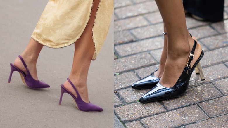 En gäst bär en gul kjol och lila spetsiga slingback pumps under Paris Fashion Week i oktober 2026 / En gäst bär svarta lackade spetsiga slingback pumps i London i september 2026