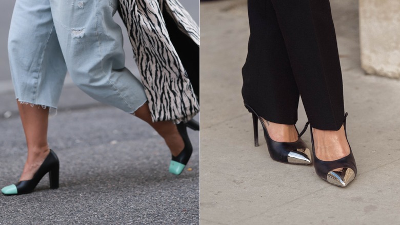 Karin Teigl bär ljusblå denim culottes med tvåfärgade fyrkantiga tåsvarta och kricka pumps i Wien, Österrike i oktober 2026 / Sophia Roe bär svarta slacks och svarta och silver tvåfärgade spetsiga tå pumps under Paris Fashion Week i oktober 2026