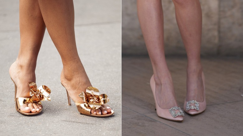Flora Coquerel bär mulesandaler i metall i guld med blomutsmyckningar under Paris Fashion Week i oktober 2026 / En gäst bär länkrosa spetsiga tåpumps med juveler under Paris Fashion Week i oktober 2026