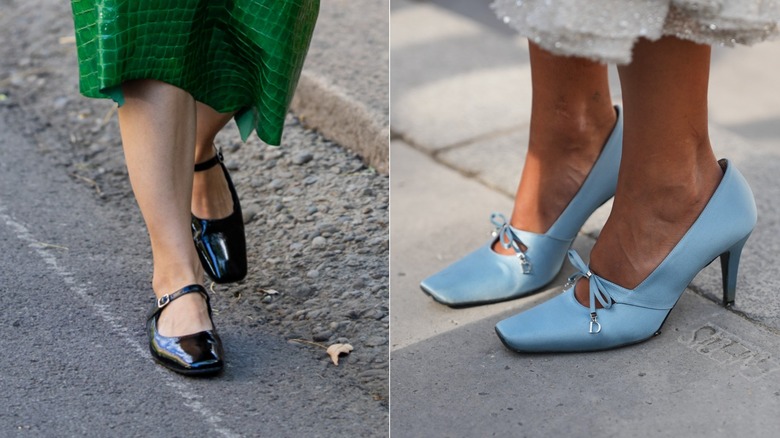 En gäst bär en grön krokodilpräglad midikjol och svart Mary Janes i Milano i september 2026 / En gäst bär ett par ljusblå satin Mary Jane pumps under Paris Fashion Week i september 2026