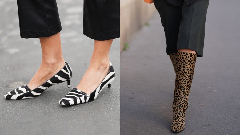 A guest wears a pair of zebra print kitten heel loafers under Paris Fashion Week i september 2026 / En gäst bär ett par bermudashorts och knähöga cheetah-stövlar under Paris Fashion Week i oktober 2026