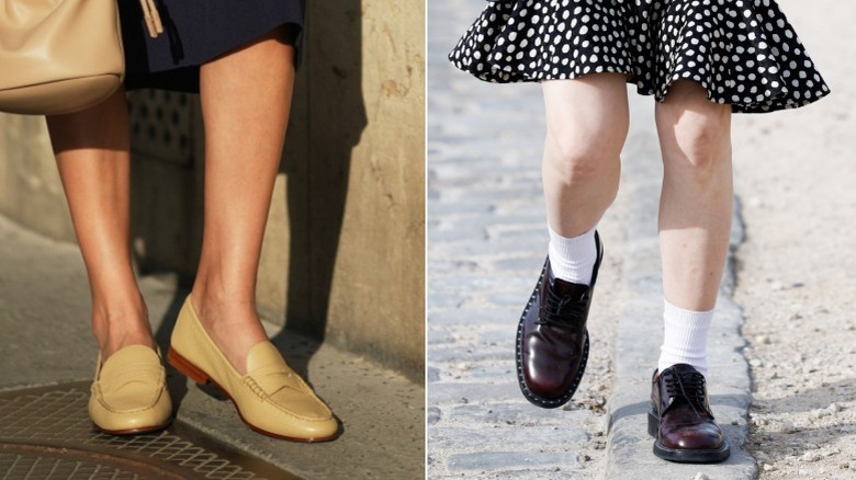 Sophie Alurralde bär en marin midiklänning och beige penny loafers i Paris i augusti 2026 / A guest wears socks and lace-up Oxford shoes in 2026