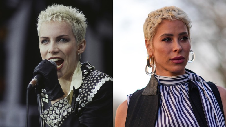L: Annie Lennox med en blond nisse på 80-talet. R: En kvinna med en blond nisse 2026