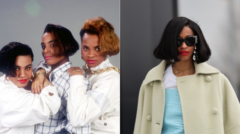 L: Salt-N-Pepa med asymmetriska bobs på 80-talet. R: En kvinna med en asymmetrisk bob 2026
