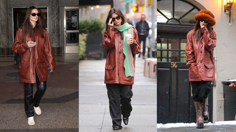 Emily Ratajkowski bär en brun jacka med olika outfits