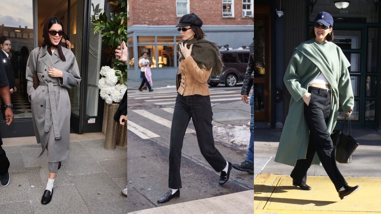 Kendall Jenner bär svarta loafers med olika outfits