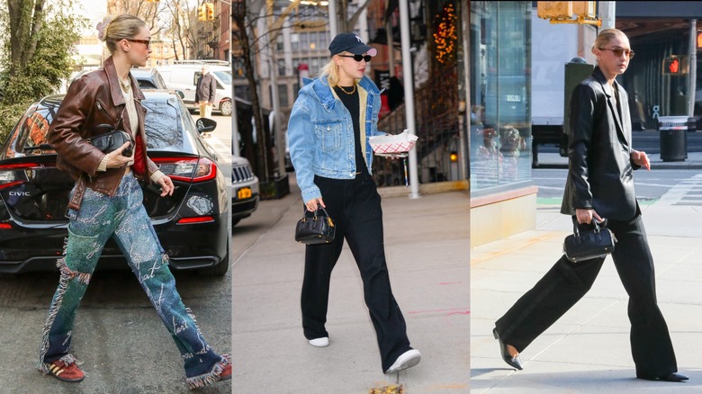 Gigi Hadid bär en svart Miu Miu-väska vid flera tillfällen