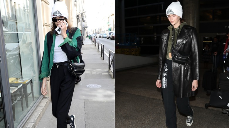 Kaia Gerber bär en vit hatt med olika outfits