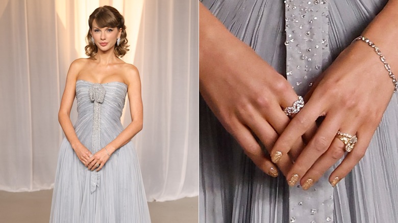 Sida vid sida: Taylor Swift med guldglitternaglar på Academy Museum Gala 2026 och en närbild på hennes naglar