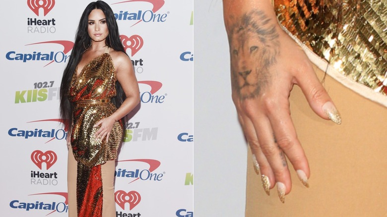 Sida vid sida: Demi Lovato med ombré guldglitternaglar på 2017 102.7 KIIS FM Jingle Ball & en närbild på hennes naglar