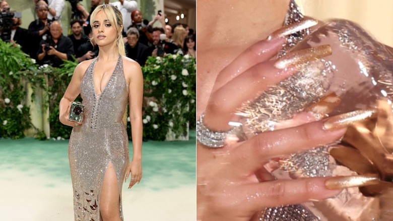 Sida vid sida: Camila Cabello med långa guldglitternaglar på Met Gala 2024 och en närbild på hennes naglar