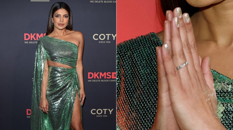 Sida vid sida: Priyanka Chopra med champagneglitternaglar på DKMS-galan 2023 och en närbild på hennes naglar