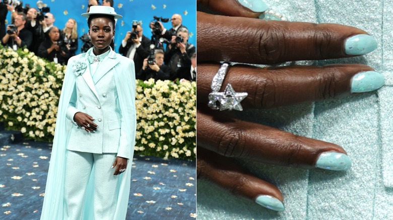 Sida vid sida: Lupita Nyong'o med mintgröna glitternaglar på Met Gala 2025 och en närbild på hennes naglar