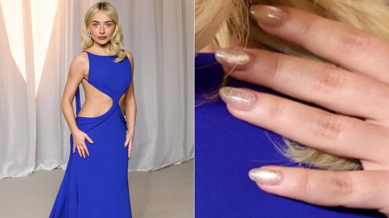 Sida vid sida: Sabrina Carpenter med mjuka glitternaglar på Academy Museum Gala 2026 & en närbild på hennes naglar