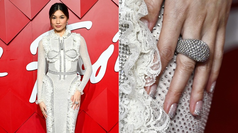 Sida vid sida: Gemma Chan med ombré-naglar med silverglitter på Fashion Awards 2024 och en närbild på hennes naglar