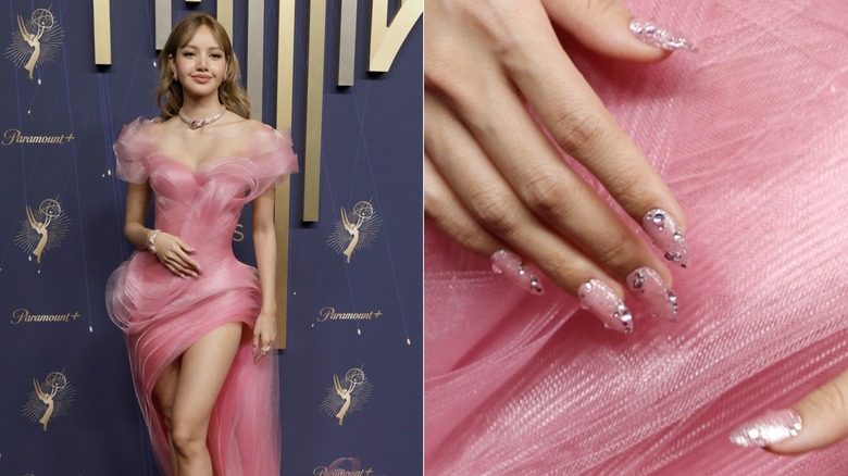 Sida vid sida: Lisa med rosa glitternaglar med strass på Primetime Emmy Awards 2025 och en närbild på hennes naglar