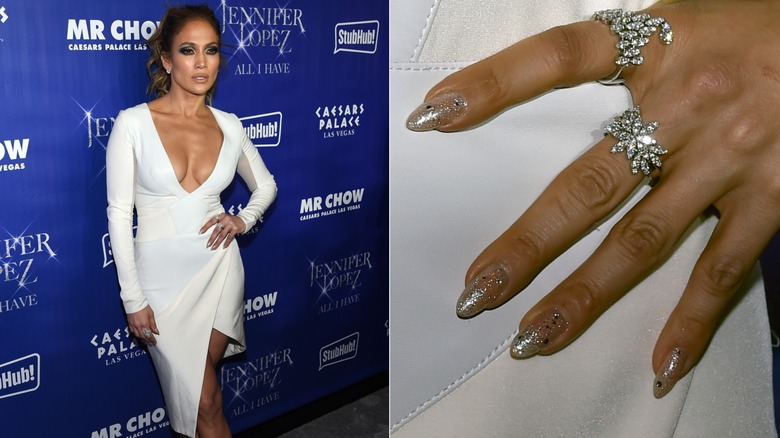 Sida vid sida: Jennifer Lopez med glitternaglar på en efterfest i Las Vegas 2016 och en närbild på naglarna