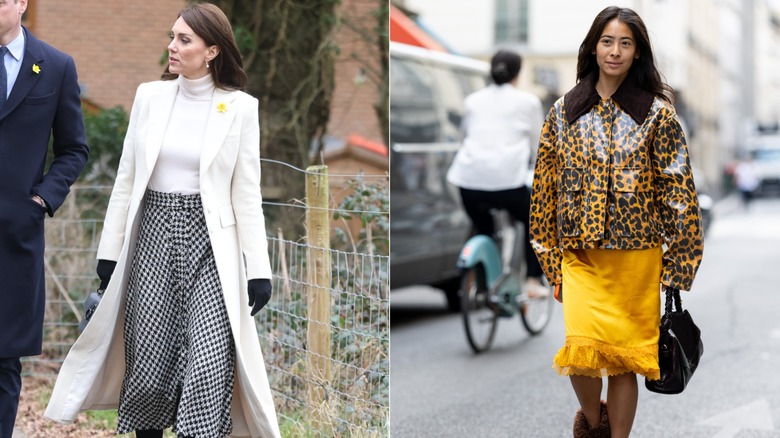 L: Kate Middleton klädd i en vit kappa med en tryckt kjol. R: Kvinna som bär leopardjacka och kjol