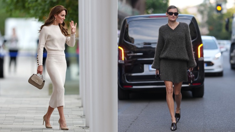 L: Kate Middleton klädd i en vit tröja och pennkjol. R: Kvinna i stickad kjol och tröja