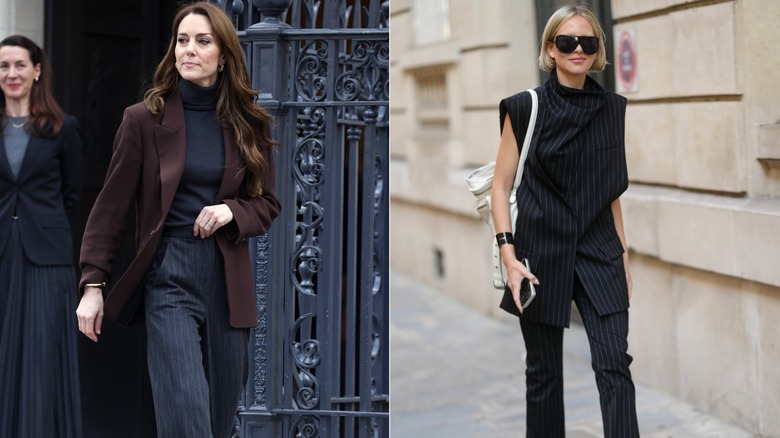 L: Kate Middleton klädd i en brun kavaj och kritrandiga byxor. R: Kvinna som bär en pinstripe-set