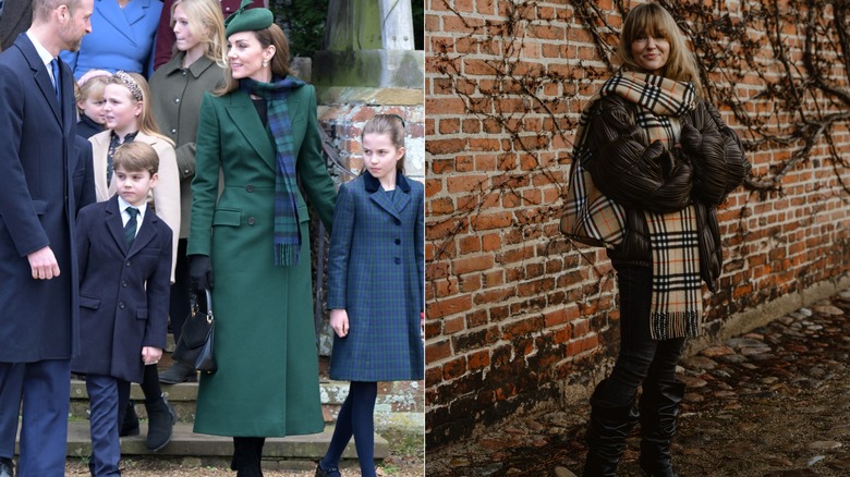 L: Kate Middleton iklädd kappa och rutig halsduk. R: Kvinna i rutig halsduk