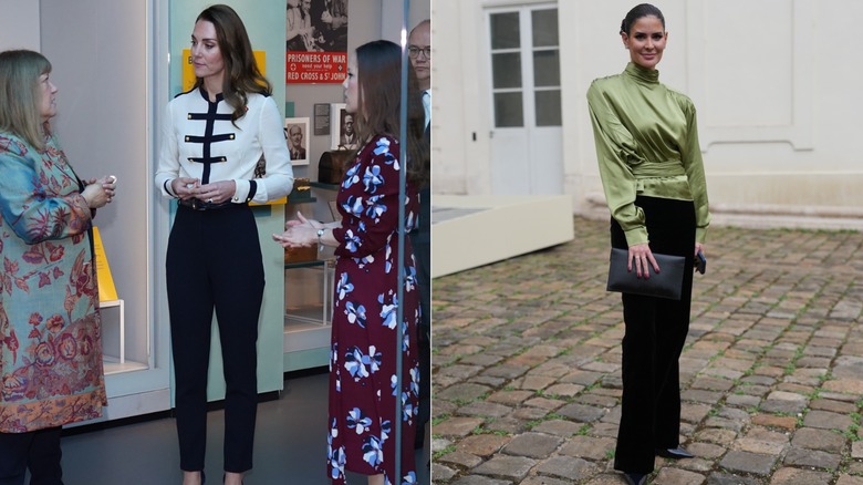 L: Kate Middleton i svarta byxor och blus. R: En kvinna klädd i svarta byxor och en satängtopp