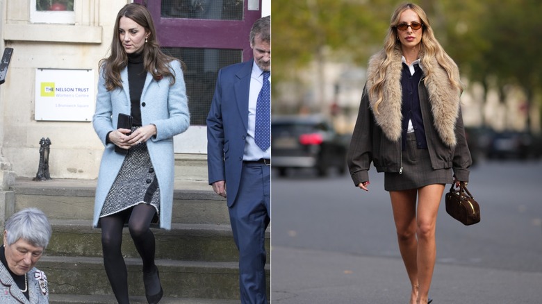 L: Kate Middleton iklädd tweedkjol och fluffig kappa. R: Kvinna som bär en pälskantad jacka med kjol, väst och skjorta