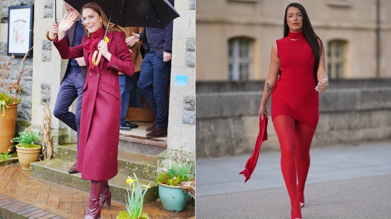 L: Kate Middleton iklädd en vinröd outfit. R: Kvinna i röd klänning och röda strumpor