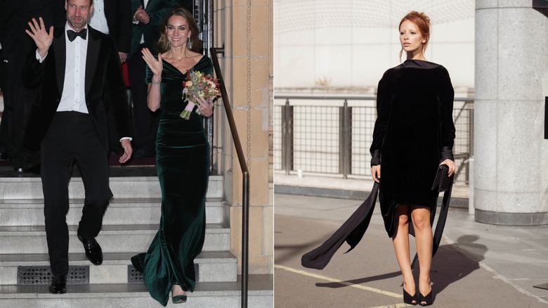 L: Kate Middleton bär en sammetsklänning. R: Kvinna i sammetsklänning