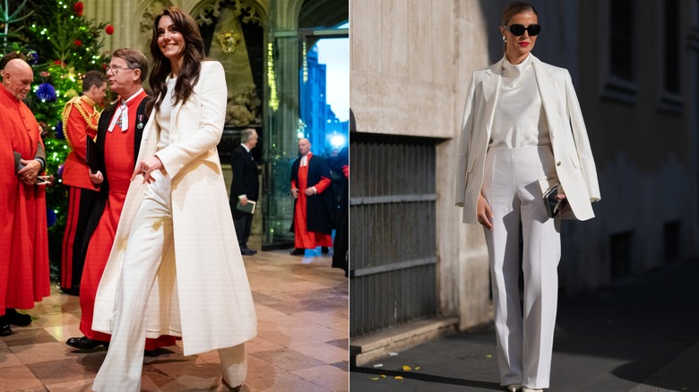 L: Kate Middleton i en helvit outfit. R: Kvinna i vit kostym