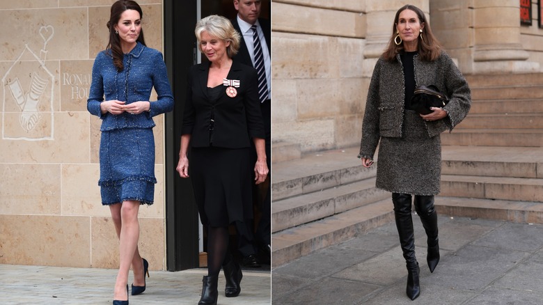 L: Kate Middleton klädd i en tweed-kjolkostym. R: Kvinna klädd i tweedkjol och jacka