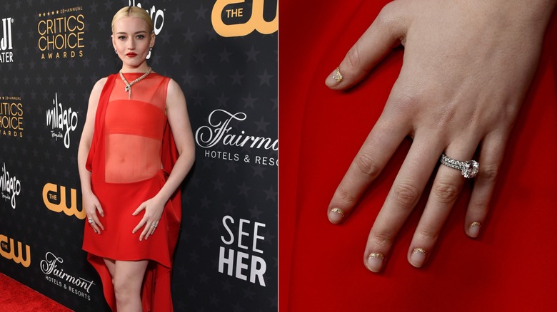 Sida vid sida: Julia Garner med guldglitter på naglarnas bas vid Critics Choice Awards 2023 och en närbild på naglarna
