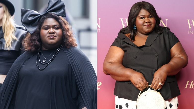 Foton sida vid sida av Gabourey Sidibe i kostym för AHS (vänster) och som sig själv på röda mattan (höger)