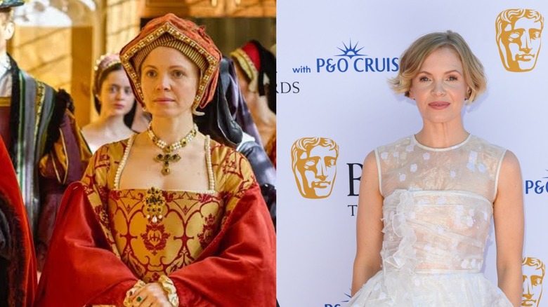 Kate Phillips avbildad som Jane Seymour i 'Wolf Hall" till vänster och bär en vit tyllklänning till höger